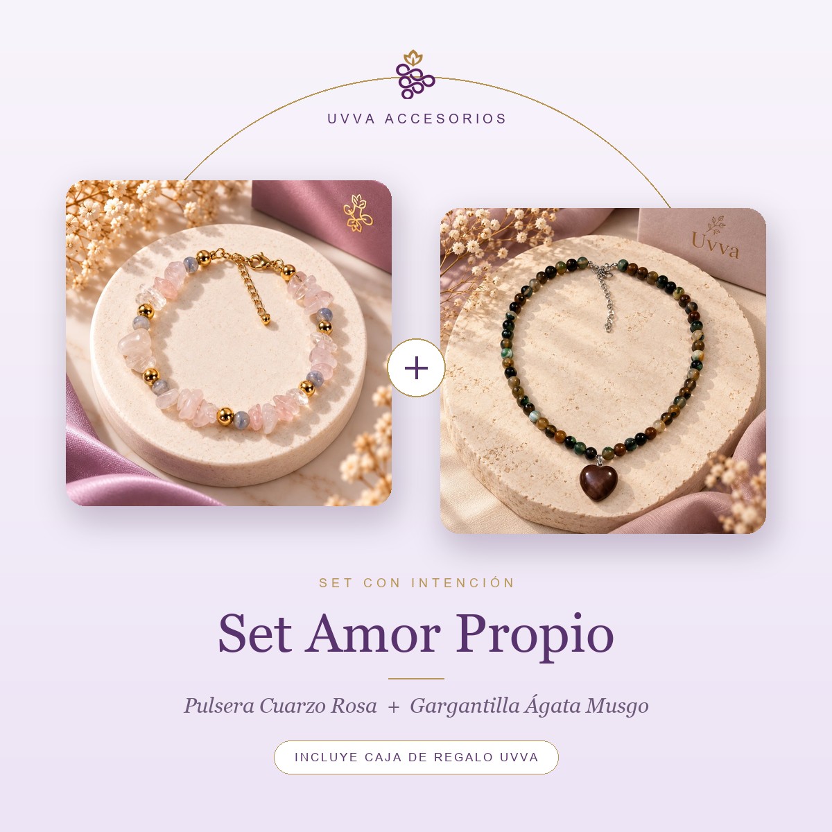 Set Amor Propio: Pulsera Cuarzo Rosa + Gargantilla Ágata Musgo